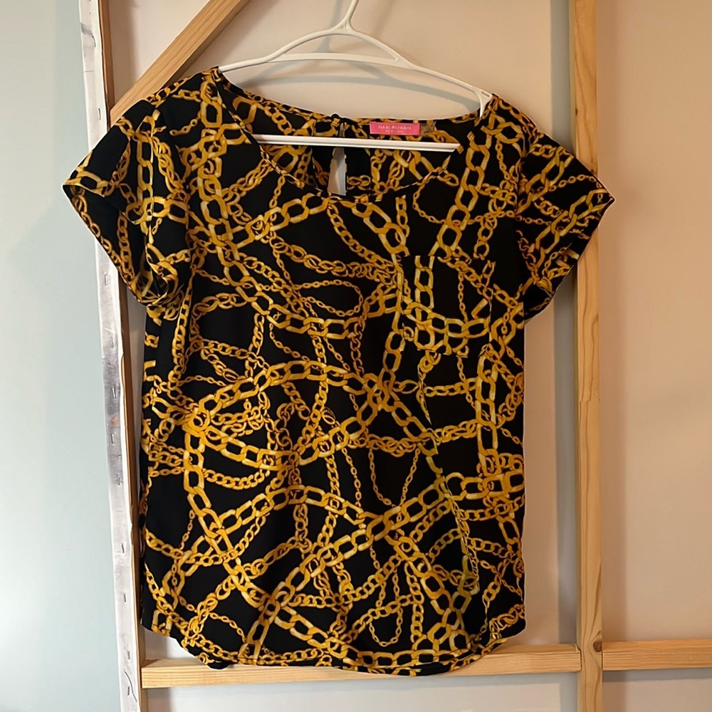 Issac mizrahi gold and black chain patterned top